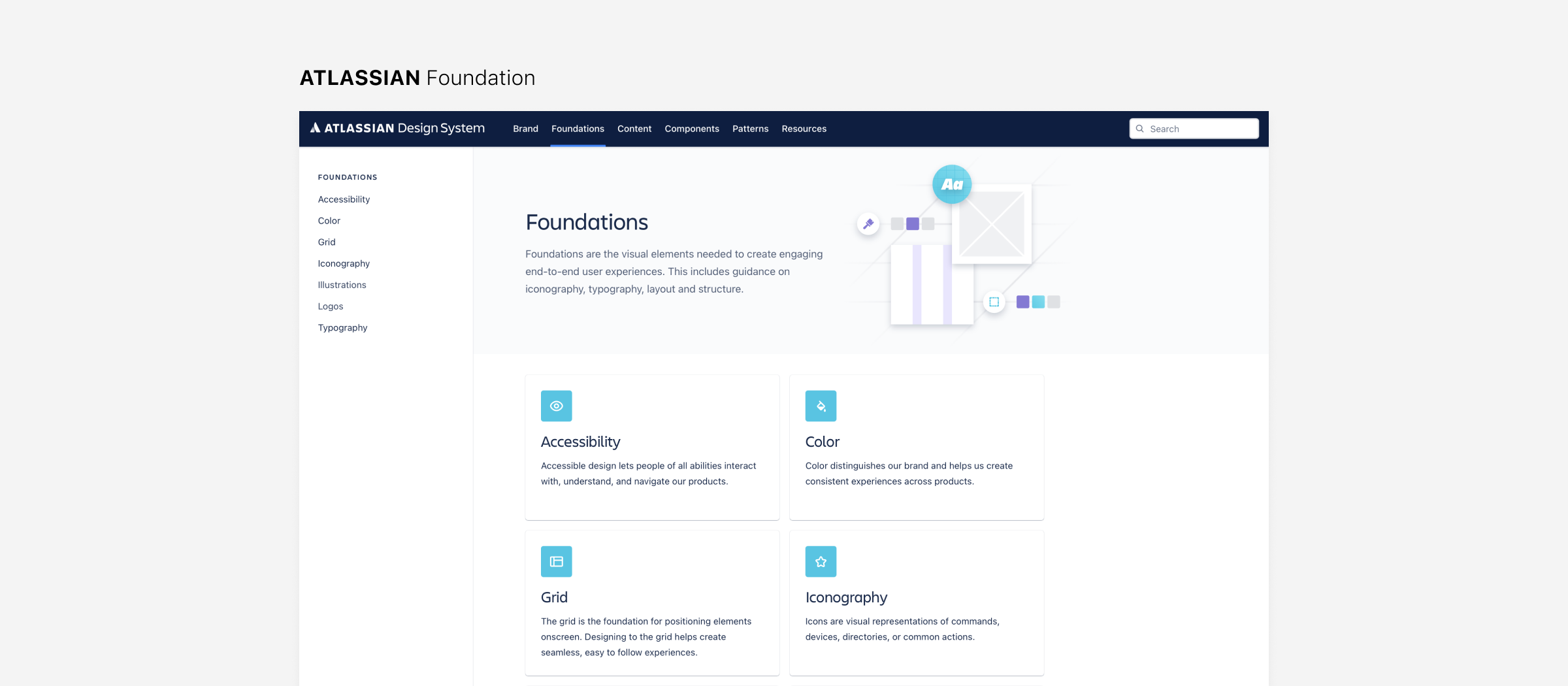 Color, Typography와 같이 기초 요소로 구성되어 있는 Atalassian의 Foundation